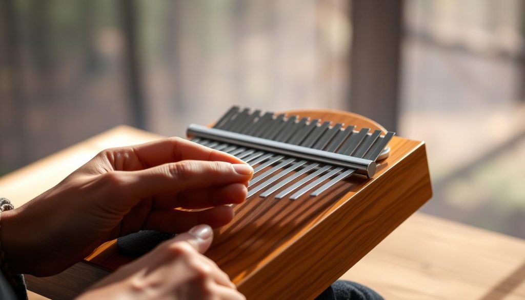 A serene, well-lit scene showcasing various techniques for enriching melodies on a kalimba. In the foreground, the player's hands delicately pluck the metal tines, creating a flowing, melodious tone. The middle ground features the wooden kalimba instrument, its elegant shape and warm, natural grain inviting the viewer to engage with its music-making capabilities. The background depicts a softly blurred, atmospheric setting, perhaps a tranquil forest or a serene studio, evoking a sense of calm and creativity. The lighting is gentle, with soft shadows and highlights accentuating the textures and shapes. The overall mood is one of focus, artistry, and the joy of musical exploration. A serene, well-lit scene showcasing various techniques for enriching melodies on a kalimba. In the foreground, the player's hands delicately pluck the metal tines, creating a flowing, melodious tone. The middle ground features the wooden kalimba instrument, its elegant shape and warm, natural grain inviting the viewer to engage with its music-making capabilities. The background depicts a softly blurred, atmospheric setting, perhaps a tranquil forest or a serene studio, evoking a sense of calm and creativity. The lighting is gentle, with soft shadows and highlights accentuating the textures and shapes. The overall mood is one of focus, artistry, and the joy of musical exploration.