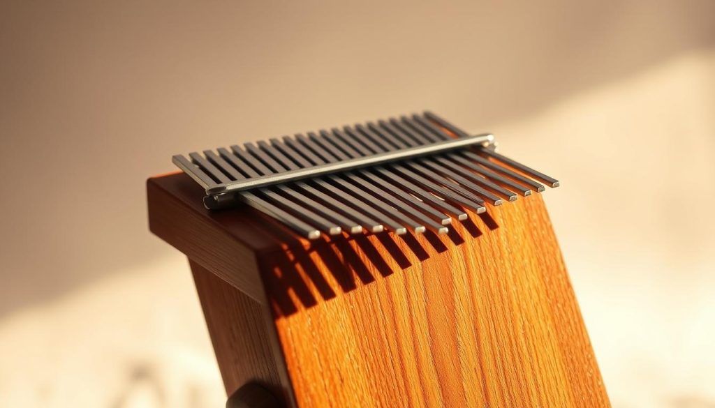 A serene wooden kalimba, its steel tines resting atop a resonant wooden box. Soft, warm lighting illuminates the instrument, casting gentle shadows that accentuate its organic textures. The kalimba is positioned against a hazy, out-of-focus background, creating a sense of tranquility and focus. The composition emphasizes the simplicity and natural beauty of the kalimba, inviting the viewer to appreciate its soothing, meditative qualities. This image perfectly captures the essence of the "Kalimba pour yoga et bien-être : créer une ambiance douce" section, conveying a sense of calming elegance and harmony.