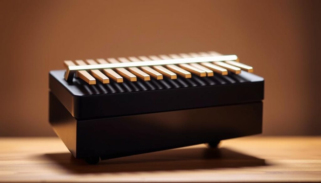 A sleek, electronic kalimba with 8 tines sits on a wooden surface, illuminated by soft, warm lighting. The polished metal tines glisten under the glow, inviting the viewer to pluck them and hear their gentle, resonant tones. The kalimba is positioned in the foreground, with a blurred background that suggests a minimalist, studio-like setting. The overall composition conveys a sense of tranquility and focus, perfectly capturing the essence of the "Kalimba 8 lames : morceaux faciles et accordage" section. A sleek, electronic kalimba with 8 tines sits on a wooden surface, illuminated by soft, warm lighting. The polished metal tines glisten under the glow, inviting the viewer to pluck them and hear their gentle, resonant tones. The kalimba is positioned in the foreground, with a blurred background that suggests a minimalist, studio-like setting. The overall composition conveys a sense of tranquility and focus, perfectly capturing the essence of the "Kalimba 8 lames : morceaux faciles et accordage" section.