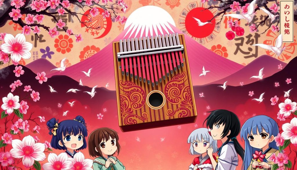 A vibrant, anime-style scene of a kalimba floating amidst a backdrop of traditional Japanese patterns and imagery. The kalimba is rendered in vivid detail, with intricate designs and textures adorning its wooden frame. In the foreground, a group of anime-inspired characters, each with unique expressions and poses, are gathered around the kalimba, their faces alight with fascination and reverence. The middle ground features a blend of delicate cherry blossoms, origami cranes, and other iconic Japanese motifs, creating a sense of cultural immersion. The background is a wash of rich, saturated colors, with sumi-e style brushstrokes and silhouettes of Mount Fuji or other recognizable landmarks. The overall mood is one of whimsy, tradition, and a celebration of the intersection between Japanese culture and the captivating world of animé.