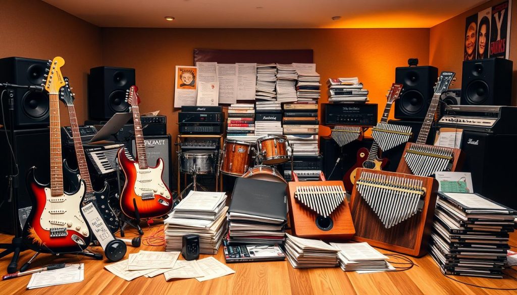 A vibrant pop rock music scene with an array of partitions and sheet music from around the world. In the foreground, an eclectic mix of instruments - electric guitars, drums, keyboards, and kalimbas - arranged in a dynamic, asymmetrical composition. The middle ground features stacks of sheet music and partitions, each representing a unique musical style or genre. The background is a warm, softly lit studio space, with hints of recording equipment and studio monitors. The overall mood is one of creative energy, diverse musical influences, and the freely accessible nature of these international pop, rock, and kalimba partitions.