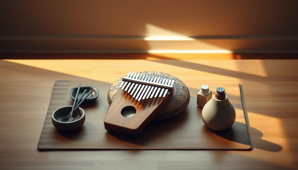 An elegant assortment of accessories for a mindful yoga practice. Centered on a soft-lit wooden table, a serene arrangement of a handcrafted kalimba, a decorative meditation cushion, and a soothing essential oil diffuser. Earthy tones and natural textures create a calming ambiance, as delicate shadows dance across the surface. Indirect studio lighting casts a warm, meditative glow, inviting the viewer to pause and be present. The thoughtfully curated selection of tools and accents elevates the yoga experience, promoting inner balance and wellbeing.