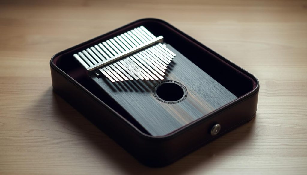 An étui protection instrument in a natural, minimalist setting. A sleek, high-quality case made of rich, supple leather or premium synthetic material, designed to safeguard a treasured musical instrument - perhaps a kalimba or similar. The case rests upon a simple wooden surface, its neutral tones and clean lines complementing the instrument's elegant form. Soft, diffused lighting from an off-camera source gently illuminates the scene, creating a sense of tranquility and reverence. The overall composition conveys a focus on preservation, organization, and the care required to maintain the integrity of the instrument within. An étui protection instrument in a natural, minimalist setting. A sleek, high-quality case made of rich, supple leather or premium synthetic material, designed to safeguard a treasured musical instrument - perhaps a kalimba or similar. The case rests upon a simple wooden surface, its neutral tones and clean lines complementing the instrument's elegant form. Soft, diffused lighting from an off-camera source gently illuminates the scene, creating a sense of tranquility and reverence. The overall composition conveys a focus on preservation, organization, and the care required to maintain the integrity of the instrument within.