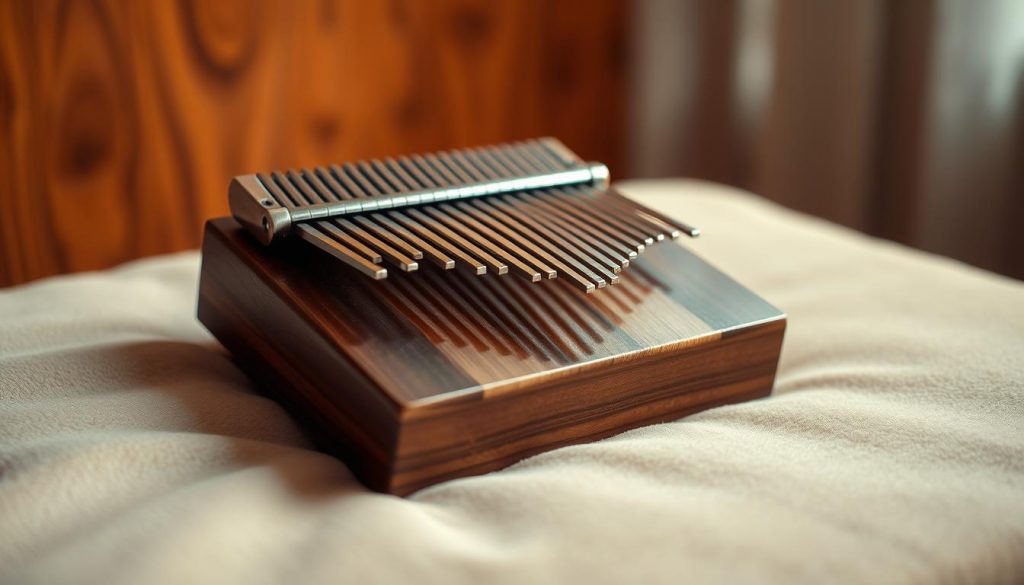 A beautifully crafted kalimba lying on a soft, velvet surface, its intricate metal tines glistening under warm, directional lighting. The instrument is positioned in the foreground, its elegant silhouette contrasted against a subtly blurred background of wooden textures and soothing tones, evoking a sense of tranquility and artistry. The camera angle is slightly elevated, allowing the viewer to appreciate the delicate craftsmanship and the harmonious arrangement of the kalimba's components. The overall composition radiates a sense of focus and attention to detail, perfectly capturing the essence of "accordage" and the quality of sound that this musical instrument can produce. A beautifully crafted kalimba lying on a soft, velvet surface, its intricate metal tines glistening under warm, directional lighting. The instrument is positioned in the foreground, its elegant silhouette contrasted against a subtly blurred background of wooden textures and soothing tones, evoking a sense of tranquility and artistry. The camera angle is slightly elevated, allowing the viewer to appreciate the delicate craftsmanship and the harmonious arrangement of the kalimba's components. The overall composition radiates a sense of focus and attention to detail, perfectly capturing the essence of "accordage" and the quality of sound that this musical instrument can produce.