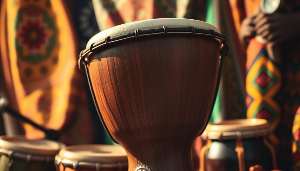 A beautifully detailed djembé, showcasing its distinct shape and materials, prominently displayed in the foreground. The drum should feature a polished wooden body with intricate carvings, emphasizing the craftsmanship. The drumhead, made of goatskin, is tautly stretched, catching soft light that highlights its texture. Surrounding the djembé, a subtle blur of colorful African textiles and traditional musical instruments creates a vibrant atmosphere, enhancing the cultural context. The lighting is warm and inviting, reminiscent of a sunset, casting gentle shadows that accentuate the curves of the drum. Shot at a low angle to elevate the djembé, the composition evokes a sense of reverence for this powerful percussion instrument. The background remains softly out of focus to keep the emphasis on the djembé. A beautifully detailed djembé, showcasing its distinct shape and materials, prominently displayed in the foreground. The drum should feature a polished wooden body with intricate carvings, emphasizing the craftsmanship. The drumhead, made of goatskin, is tautly stretched, catching soft light that highlights its texture. Surrounding the djembé, a subtle blur of colorful African textiles and traditional musical instruments creates a vibrant atmosphere, enhancing the cultural context. The lighting is warm and inviting, reminiscent of a sunset, casting gentle shadows that accentuate the curves of the drum. Shot at a low angle to elevate the djembé, the composition evokes a sense of reverence for this powerful percussion instrument. The background remains softly out of focus to keep the emphasis on the djembé.
