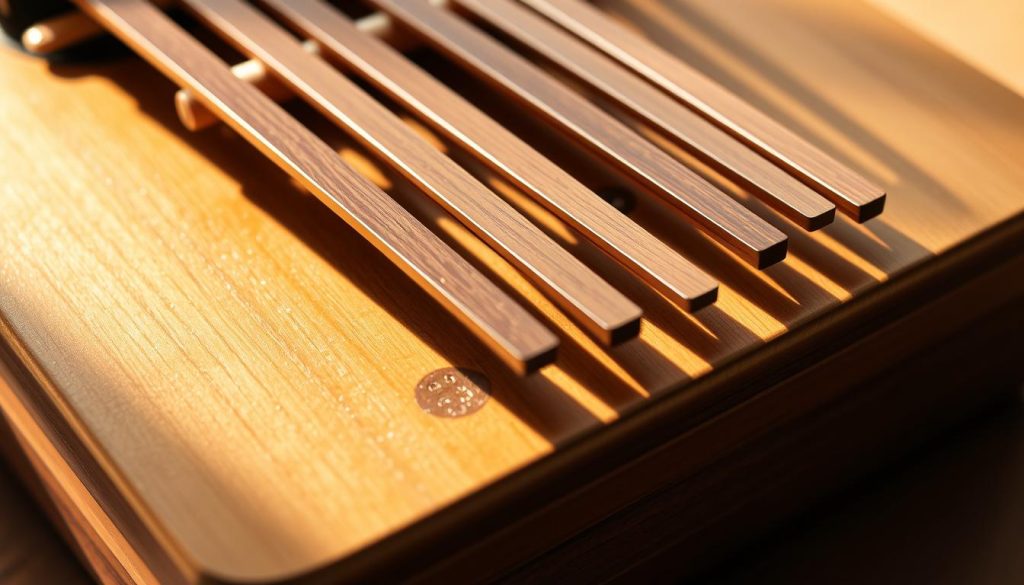 A close-up view of the ergonomic design features of a kalimba musical instrument, showcasing the curved and contoured thumb piano keys for natural and comfortable hand positioning. The image should capture the smooth, tactile surfaces and subtle textures of the wood, with a focus on the detailed craftsmanship and thoughtful ergonomic considerations that make the instrument easy and enjoyable to play. Soft, warm lighting illuminates the kalimba from an angle, casting gentle shadows that accentuate the rounded edges and sculpted form. The composition should fill the frame, allowing the viewer to appreciate the thoughtful ergonomic touches that enhance the overall user experience. A close-up view of the ergonomic design features of a kalimba musical instrument, showcasing the curved and contoured thumb piano keys for natural and comfortable hand positioning. The image should capture the smooth, tactile surfaces and subtle textures of the wood, with a focus on the detailed craftsmanship and thoughtful ergonomic considerations that make the instrument easy and enjoyable to play. Soft, warm lighting illuminates the kalimba from an angle, casting gentle shadows that accentuate the rounded edges and sculpted form. The composition should fill the frame, allowing the viewer to appreciate the thoughtful ergonomic touches that enhance the overall user experience.