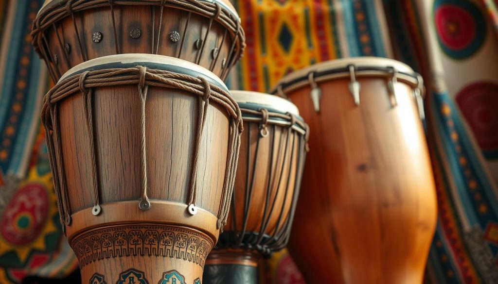 A close-up view of various African drums, showcasing the distinct sizes, diameters, and tension systems. In the foreground, feature a beautifully crafted djembé with a textured skin, intricate carvings, and visible tuning ropes, emphasizing its height and craftsmanship. In the middle, include a larger tam-tam drum with a wider diameter, capturing its unique shape and the details of its tensioned head. The background features a soft-focus of traditional African fabrics, adding cultural context without overwhelming the primary subjects. Natural, warm lighting enhances the wood tones and textures, creating an inviting atmosphere. The angle should be slightly dynamic, showcasing the drums from a low perspective to highlight their significance in African music.