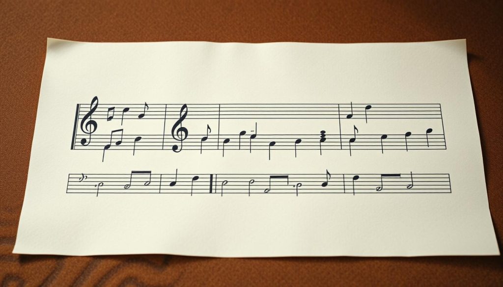 A finely engraved sheet of musical partitions, its staves and clefs elegantly etched against a warm, earthy backdrop. The composition is centered, with a soft, diffused lighting illuminating the delicate notes and symbols. The paper texture is subtly visible, adding a tactile quality to the scene. The overall mood is one of refined simplicity, inviting the viewer to imagine the soothing melodies that could be played from these meticulously crafted partitions. A finely engraved sheet of musical partitions, its staves and clefs elegantly etched against a warm, earthy backdrop. The composition is centered, with a soft, diffused lighting illuminating the delicate notes and symbols. The paper texture is subtly visible, adding a tactile quality to the scene. The overall mood is one of refined simplicity, inviting the viewer to imagine the soothing melodies that could be played from these meticulously crafted partitions.