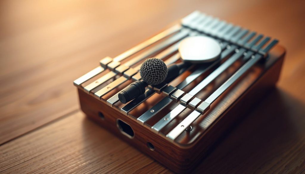 A kalimba, its metal tines glistening under warm studio lighting, resting on a minimalist wooden surface. The camera captures a close-up, macro perspective, emphasizing the intricate details of the instrument's construction and the precise placement of a small, discreet microphone nestled among the tines. The composition highlights the harmonious integration of the electronic component, showcasing how it can seamlessly enhance the natural, organic sound of the kalimba without distracting from its inherent beauty. The overall atmosphere is one of reverence and technical precision, inviting the viewer to appreciate the delicate balance required to amplify this enchanting musical instrument.