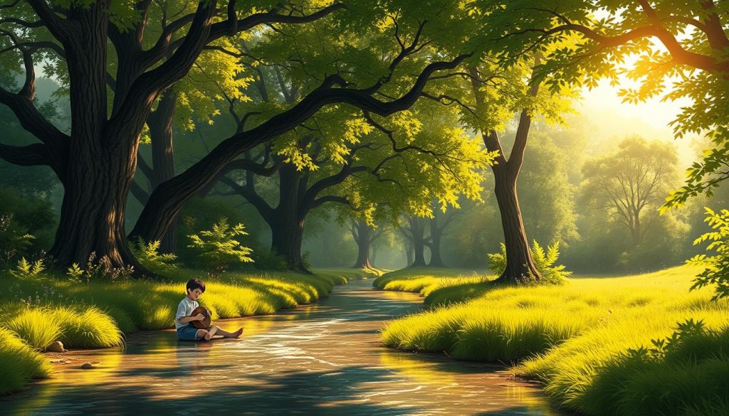 A peaceful summer day in a lush, verdant forest. Sunlight filters through the canopy of towering oak and maple trees, casting a warm, golden glow over the scene. In the foreground, a small, tranquil river winds its way, its crystal-clear waters reflecting the surrounding foliage. A solitary figure, a young person, sits on the riverbank, a kalimba in hand, playing a serene, melancholic melody that echoes through the serene landscape. The overall atmosphere is one of calm, contemplation, and a connection to nature, perfectly capturing the mood and themes of "One Summer's Day" from the beloved Studio Ghibli film "Spirited Away". A peaceful summer day in a lush, verdant forest. Sunlight filters through the canopy of towering oak and maple trees, casting a warm, golden glow over the scene. In the foreground, a small, tranquil river winds its way, its crystal-clear waters reflecting the surrounding foliage. A solitary figure, a young person, sits on the riverbank, a kalimba in hand, playing a serene, melancholic melody that echoes through the serene landscape. The overall atmosphere is one of calm, contemplation, and a connection to nature, perfectly capturing the mood and themes of "One Summer's Day" from the beloved Studio Ghibli film "Spirited Away".