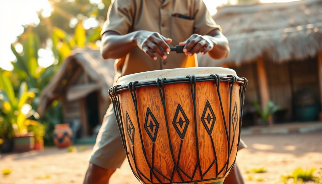 A traditional West African djembe drum, intricately hand-carved with geometric patterns and vibrant colors, occupies the foreground, showcasing its polished wooden surface and taut goat skin head. In the middle, a musician in modest casual clothing passionately plays the drum, their hands poised in mid-strike, capturing the dynamic energy of the performance. The background features a lively village scene, with lush greenery and traditional thatched-roof huts, softly blurred to highlight the djembe and musician. Golden afternoon sunlight casts warm rays, creating a joyful and vibrant atmosphere, inviting viewers to feel the rhythm and cultural richness of West African music. The image captures the essence of the djembe and its significance in local traditions. A traditional West African djembe drum, intricately hand-carved with geometric patterns and vibrant colors, occupies the foreground, showcasing its polished wooden surface and taut goat skin head. In the middle, a musician in modest casual clothing passionately plays the drum, their hands poised in mid-strike, capturing the dynamic energy of the performance. The background features a lively village scene, with lush greenery and traditional thatched-roof huts, softly blurred to highlight the djembe and musician. Golden afternoon sunlight casts warm rays, creating a joyful and vibrant atmosphere, inviting viewers to feel the rhythm and cultural richness of West African music. The image captures the essence of the djembe and its significance in local traditions.