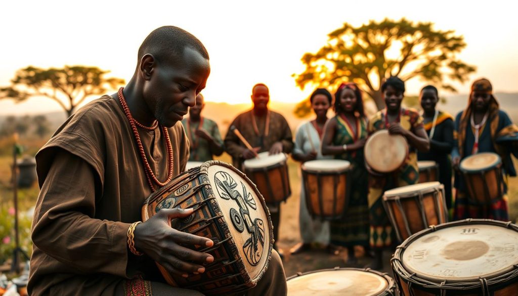 A vibrant and culturally rich scene depicting the origins of djembé and tam-tam in Africa. In the foreground, a skilled artisan, dressed in modest traditional African clothing, meticulously crafts a djembé drum, showcasing intricate carvings that reflect various cultural motifs. In the middle, a group of musicians, also in traditional attire, engage in a lively rhythm with both djembé and tam-tam drums, their expressions full of joy and energy. The background features a lush African landscape with silhouette trees and a sunset casting warm golden light. The atmosphere is festive and energetic, emphasizing community and heritage. Use a slight upward angle to capture the dynamism of the performance, with soft, diffused lighting to enhance the warmth of the scene.