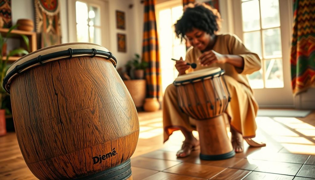 A vibrant and inviting scene depicting a person, dressed in comfortable, modest casual clothing, seated while playing a djembé, energetically engaging with the instrument. In the foreground, the djembé is beautifully detailed, showcasing its intricate carvings and unique skin texture. The person is applying a natural oil to the drum's skin, emphasizing maintenance and care. In the middle, there's a sunlit room with wooden floors, decorated with colorful African textiles and musical notes lightly dancing in the air, creating an inspiring atmosphere. In the background, soft light streams through a window, illuminating the space, and the mood is lively yet focused, embodying the joy of learning and caring for a beloved instrument. A vibrant and inviting scene depicting a person, dressed in comfortable, modest casual clothing, seated while playing a djembé, energetically engaging with the instrument. In the foreground, the djembé is beautifully detailed, showcasing its intricate carvings and unique skin texture. The person is applying a natural oil to the drum's skin, emphasizing maintenance and care. In the middle, there's a sunlit room with wooden floors, decorated with colorful African textiles and musical notes lightly dancing in the air, creating an inspiring atmosphere. In the background, soft light streams through a window, illuminating the space, and the mood is lively yet focused, embodying the joy of learning and caring for a beloved instrument.