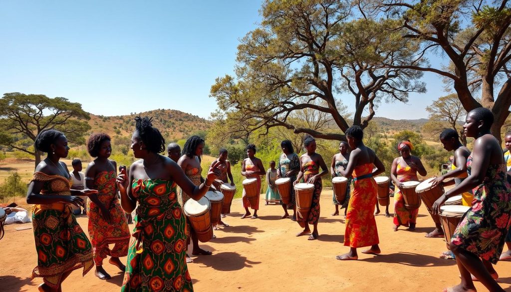 A vibrant community ceremony in an open-air setting, showcasing dancers performing traditional African dances with vibrant costumes, surrounded by drummers playing djembes. In the foreground, a diverse group of individuals, both men and women, clad in colorful attire, are joyfully dancing, their movements expressive and rhythmic. The middle ground features drummers deeply focused on their instruments, creating an enticing blend of sounds. The background reveals a lush landscape with indigenous trees under a clear blue sky, adding to the natural ambiance. Soft, warm sunlight filters through the trees, casting dappled shadows on the ground. The overall mood is festive and energetic, capturing the essence of cultural celebration and the significance of rhythm in African traditions. A vibrant community ceremony in an open-air setting, showcasing dancers performing traditional African dances with vibrant costumes, surrounded by drummers playing djembes. In the foreground, a diverse group of individuals, both men and women, clad in colorful attire, are joyfully dancing, their movements expressive and rhythmic. The middle ground features drummers deeply focused on their instruments, creating an enticing blend of sounds. The background reveals a lush landscape with indigenous trees under a clear blue sky, adding to the natural ambiance. Soft, warm sunlight filters through the trees, casting dappled shadows on the ground. The overall mood is festive and energetic, capturing the essence of cultural celebration and the significance of rhythm in African traditions.