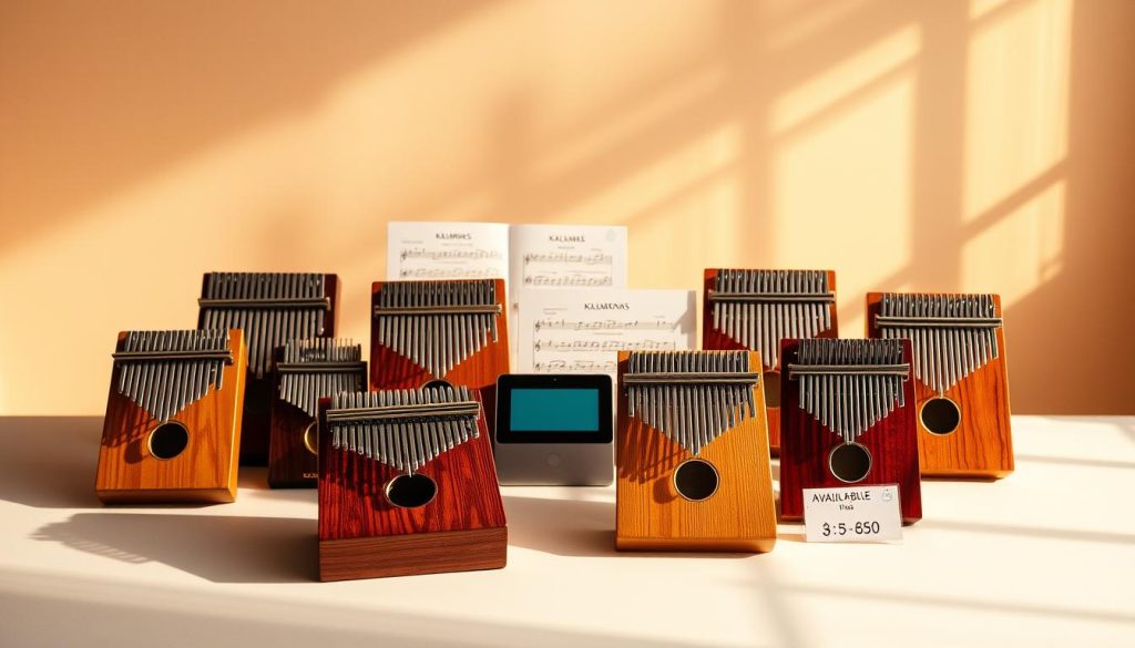 A vibrant, high-quality image showcasing a detailed arrangement of musical instruments against a warm, ambient backdrop. The foreground features a range of kalimba models in various sizes and wood tones, displayed on a clean, minimalist surface with soft shadows. The middle ground includes carefully curated props such as music sheets, a small digital display, and a price tag highlighting the availability and pricing information. The background maintains a blurred, dreamlike quality, with gentle natural lighting and a soft, earthy color palette to create an inviting, harmonious atmosphere. The overall composition should convey a sense of considered product presentation, emphasizing the availability, versatility, and value of the musical instruments. A vibrant, high-quality image showcasing a detailed arrangement of musical instruments against a warm, ambient backdrop. The foreground features a range of kalimba models in various sizes and wood tones, displayed on a clean, minimalist surface with soft shadows. The middle ground includes carefully curated props such as music sheets, a small digital display, and a price tag highlighting the availability and pricing information. The background maintains a blurred, dreamlike quality, with gentle natural lighting and a soft, earthy color palette to create an inviting, harmonious atmosphere. The overall composition should convey a sense of considered product presentation, emphasizing the availability, versatility, and value of the musical instruments.
