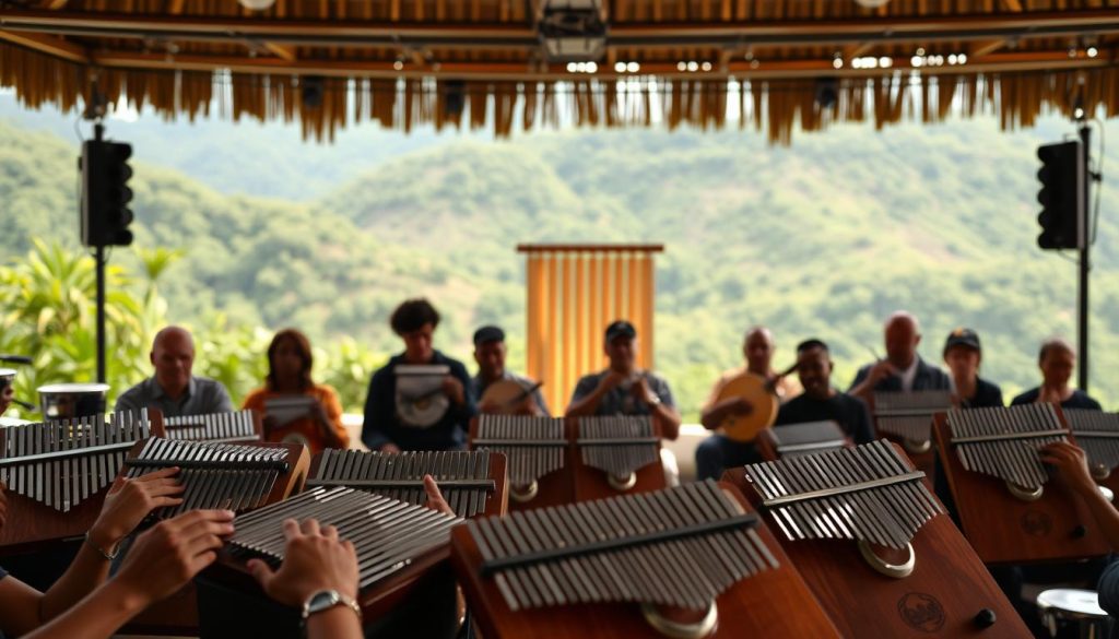 A vibrant kalimba ensemble performance on a global stage. In the foreground, a group of musicians skillfully playing various sizes of the African-rooted thumb piano, their fingers dancing across the metal tines to create a mesmerizing, soothing soundscape. The middle ground features a diverse array of instruments from around the world, including hand drums, chimes, and other percussive elements, blending seamlessly to accompany the kalimba melodies. The background depicts a lush, ethereal landscape, with a soft focus and warm, natural lighting that enhances the serene, contemplative atmosphere. The overall composition conveys a sense of global unity and the universal language of music, perfectly capturing the essence of "kalimba dans l'ensemble: solo, accompagnement et musiques du monde". A vibrant kalimba ensemble performance on a global stage. In the foreground, a group of musicians skillfully playing various sizes of the African-rooted thumb piano, their fingers dancing across the metal tines to create a mesmerizing, soothing soundscape. The middle ground features a diverse array of instruments from around the world, including hand drums, chimes, and other percussive elements, blending seamlessly to accompany the kalimba melodies. The background depicts a lush, ethereal landscape, with a soft focus and warm, natural lighting that enhances the serene, contemplative atmosphere. The overall composition conveys a sense of global unity and the universal language of music, perfectly capturing the essence of "kalimba dans l'ensemble: solo, accompagnement et musiques du monde".