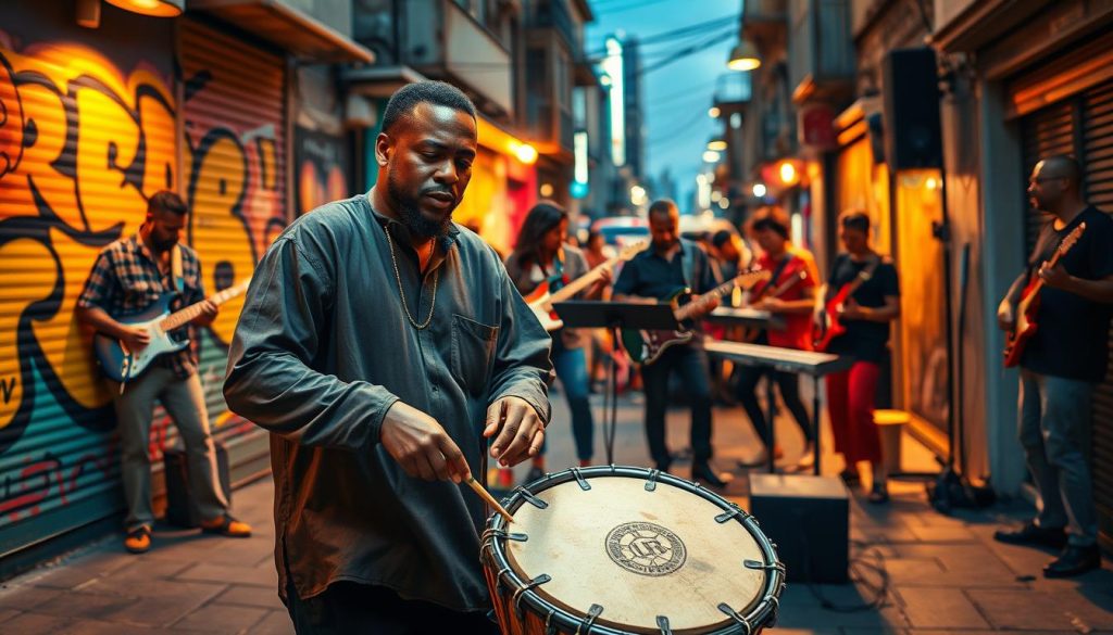 A vibrant scene featuring a skilled musician playing the djembé, situated in a lively urban environment that represents contemporary music styles. In the foreground, the musician, dressed in stylish, modest casual attire, showcases rhythmic energy and passion while expertly striking the drum. Surrounding him, a diverse group of musicians in the middle ground incorporates various instruments like electric guitars and synths, blending traditional and modern sounds. The background reveals an energetic street setting illuminated by warm, dynamic lighting, casting action shadows that enhance the mood of creativity and collaboration. Colorful graffiti murals reflect cultural influences, while movement conveys the pulse of diverse music genres. The composition captures an atmosphere of joy and unity in music, symbolizing the evolution from traditional rhythms to modern musical expressions. A vibrant scene featuring a skilled musician playing the djembé, situated in a lively urban environment that represents contemporary music styles. In the foreground, the musician, dressed in stylish, modest casual attire, showcases rhythmic energy and passion while expertly striking the drum. Surrounding him, a diverse group of musicians in the middle ground incorporates various instruments like electric guitars and synths, blending traditional and modern sounds. The background reveals an energetic street setting illuminated by warm, dynamic lighting, casting action shadows that enhance the mood of creativity and collaboration. Colorful graffiti murals reflect cultural influences, while movement conveys the pulse of diverse music genres. The composition captures an atmosphere of joy and unity in music, symbolizing the evolution from traditional rhythms to modern musical expressions.