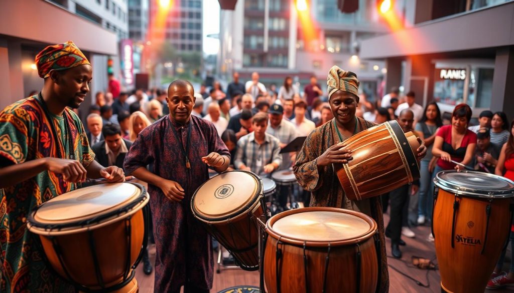 A vibrant scene showcasing contemporary percussion ensembles, featuring a diverse group of musicians passionately playing djembés and tam-tams in a modern setting. In the foreground, focus on two drummers—one playing an intricately carved djembé, the other skillfully handling a polished tam-tam—both dressed in colorful, modest attire that reflects their cultural roots. The middle ground reveals a dynamic ensemble of musicians, with various percussion instruments, including cajóns and marimbas, set against a backdrop of a lively urban environment. Dramatic stage lighting casts warm golden hues, enhancing the energy and excitement of the performance. Depth of field is shallow, emphasizing the performers while gently blurring the audience in the background, creating an immersive atmosphere of rhythmic celebration and community.