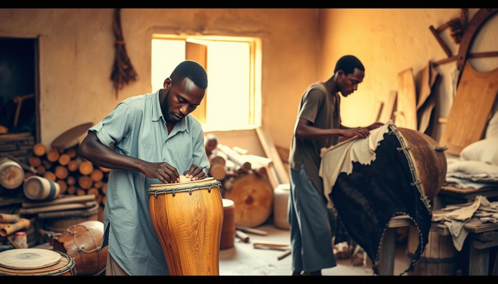 A vibrant workshop scene showcasing the fabrication of a djembé and a tam-tam. In the foreground, a skilled artisan, dressed in modest casual clothing, expertly shapes the wooden body of a djembé, focusing intently. To the side, another artisan is stretching animal skin over a tam-tam frame, demonstrating the different materials used in their construction. In the middle background, various tools and raw materials are scattered around, including logs of wood and pieces of leather, conveying the craftsmanship involved. Soft, warm light filters through an open window, casting gentle shadows and highlighting the rich textures of the wood and skin. The atmosphere is lively yet focused, emphasizing the artistry and cultural significance of these instruments.