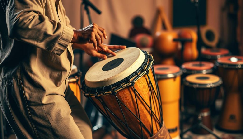 A vivid scene showcasing a person skillfully playing a djembé, emphasizing various playing techniques such as slaps, tones, and bass notes. In the foreground, the musician, dressed in comfortable, modest clothing, is depicted mid-performance with hands striking the drum head energetically. Their facial expression conveys concentration and passion for the rhythm. In the middle ground, a variety of djembés of different sizes and colors are arranged, showcasing the diversity of the instrument. The background features a softly blurred musical setting, with warm lighting creating an inviting atmosphere. Use a slightly angled perspective, capturing the dynamic action of the performance while maintaining focus on the musician's hands and the intricate details of the drum. The mood is vibrant and engaging, reflecting the essence of djembé music and its techniques. A vivid scene showcasing a person skillfully playing a djembé, emphasizing various playing techniques such as slaps, tones, and bass notes. In the foreground, the musician, dressed in comfortable, modest clothing, is depicted mid-performance with hands striking the drum head energetically. Their facial expression conveys concentration and passion for the rhythm. In the middle ground, a variety of djembés of different sizes and colors are arranged, showcasing the diversity of the instrument. The background features a softly blurred musical setting, with warm lighting creating an inviting atmosphere. Use a slightly angled perspective, capturing the dynamic action of the performance while maintaining focus on the musician's hands and the intricate details of the drum. The mood is vibrant and engaging, reflecting the essence of djembé music and its techniques.