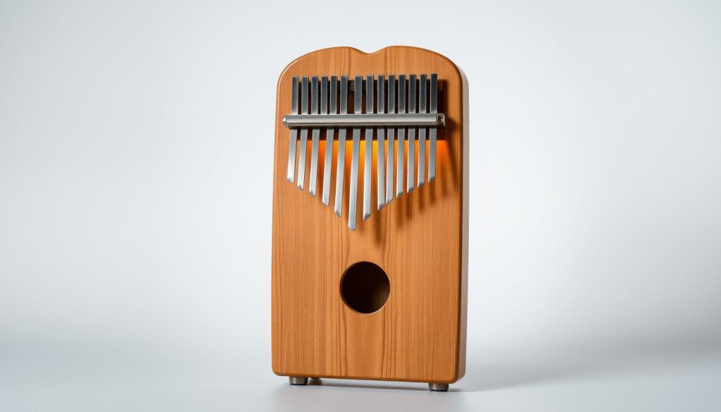 A wooden kalimba instrument, its resonance box crafted with meticulous care. The polished, curved lid reflects warm lighting, while the internal chamber features a set of precisely tuned metal tines. The instrument stands in a serene, minimalist setting, allowing its elegant form and soothing tones to take center stage. A sense of tranquility and musical potential permeates the scene, inviting the viewer to imagine the gentle, resonant melodies that could emerge from this well-designed, beginner-friendly kalimba. A wooden kalimba instrument, its resonance box crafted with meticulous care. The polished, curved lid reflects warm lighting, while the internal chamber features a set of precisely tuned metal tines. The instrument stands in a serene, minimalist setting, allowing its elegant form and soothing tones to take center stage. A sense of tranquility and musical potential permeates the scene, inviting the viewer to imagine the gentle, resonant melodies that could emerge from this well-designed, beginner-friendly kalimba.