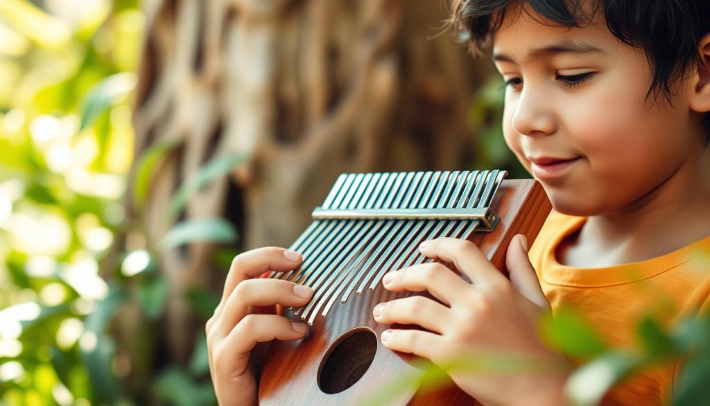 A young person playing a kalimba, a small hand-held African thumb piano, in a warm, natural setting. The kalimba is held gently between the palms, fingers delicately plucking the metal tines to produce a soothing, melodic sound. The player is focused, their expression serene, surrounded by lush greenery and soft natural lighting, creating an atmosphere of tranquility and calm. The scene conveys the simplicity and joy of learning to play this enchanting instrument, highlighting why it is an ideal choice for a beginner musician.