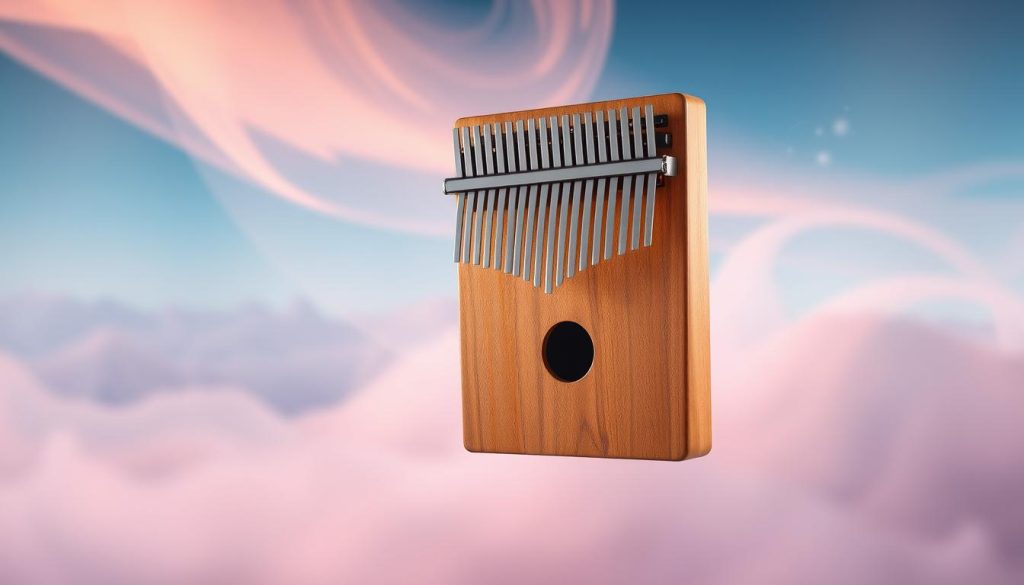 Tessiture résonance: A mystical kalimba against a serene, ethereal backdrop. The instrument's wooden body glimmers with a warm, natural hue, its metallic tines catching the soft, diffuse lighting. The kalimba appears to float, suspended in a dreamlike landscape of swirling, translucent shapes and hues, evoking a sense of transcendent harmony. Delicate wisps of energy emanate from the tines, visualizing the resonant vibrations that give the kalimba its soothing, meditative tone. The composition is balanced, with the kalimba as the central focus, surrounded by a tranquil, contemplative ambiance that invites the viewer to experience the essence of the instrument. Tessiture résonance: A mystical kalimba against a serene, ethereal backdrop. The instrument's wooden body glimmers with a warm, natural hue, its metallic tines catching the soft, diffuse lighting. The kalimba appears to float, suspended in a dreamlike landscape of swirling, translucent shapes and hues, evoking a sense of transcendent harmony. Delicate wisps of energy emanate from the tines, visualizing the resonant vibrations that give the kalimba its soothing, meditative tone. The composition is balanced, with the kalimba as the central focus, surrounded by a tranquil, contemplative ambiance that invites the viewer to experience the essence of the instrument.